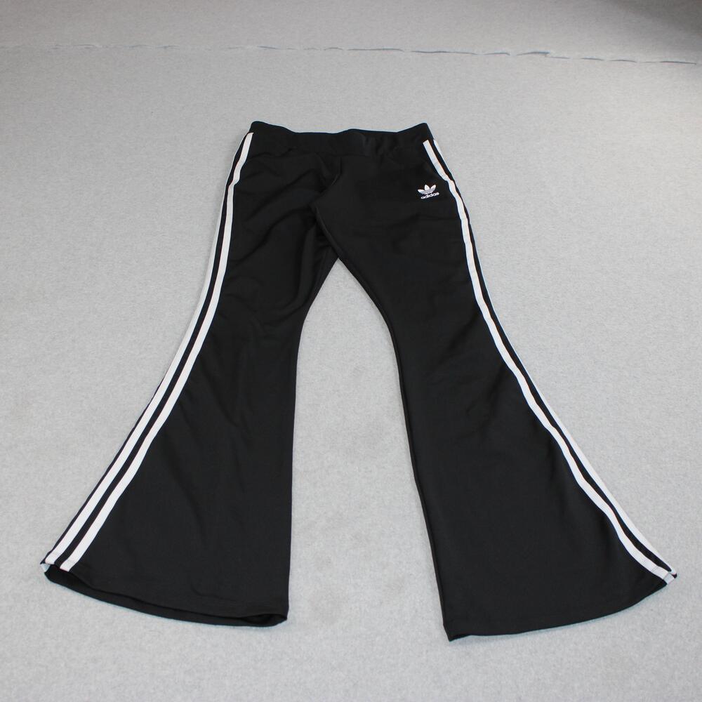 Adidas Track Pants Womens Medium Black Flare Leg 3 Stripe Pull On Gym Athletic